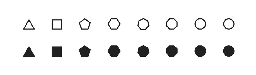 Basic geometric shape, simple icon set. Octagon, hexagon, pentagon, decagon, triagle symbol in vector flat