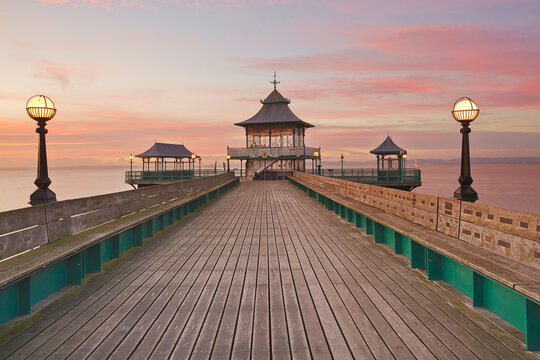 A dusk view of Clevedon Pier, in Clevedon, on the Bristol Channel coast of Somerset, England