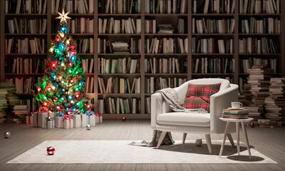 Christmas tree with gifts and reading chair with decorative pillow and blanket in the library. Holidays in Bookstore concept 3d render 3d illustration