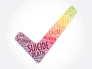 Suicide check mark word cloud collage, concept background