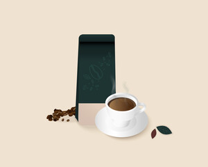 White cup of fresh coffee with steam smoke and coffee beans in bag on soft background with copy space.Decorative design for banner,poster advertisement, flyers and card collection.Vector illustration.