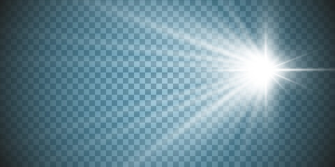 White glowing light explodes on a transparent background. Sparkling magical dust particles. Bright Star. Transparent shining sun, bright flash. Vector sparkles. To center a bright flash