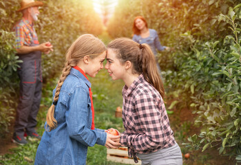 Cheerful sisters playing face to face