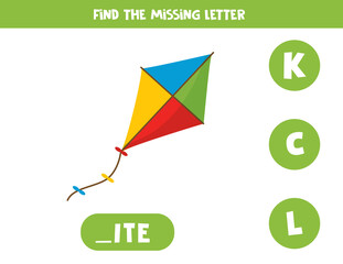 Find missing letter with cute cartoon kite.