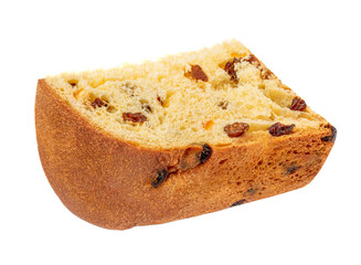 Panettone or Fruit Christmas piece of  cake isolated on white background. Christmas stollen close up