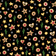 Christmas watercolor seamless pattern with cookies, berries and branches