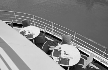 Casual outdoor pool grill or buffet restaurant for snacks in bistro style onboard luxury cruiseship...