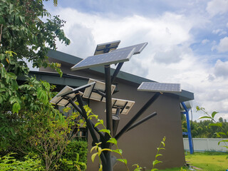 Solar panels are mounted on a pole with branching branches like a tree.