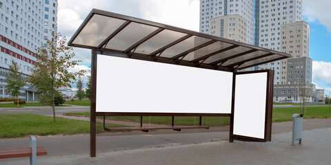 modern glass urban bus stop with white advertise banner and vertical lightbox for mockup