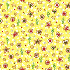 Christmas watercolor seamless pattern with cookies, berries and branches