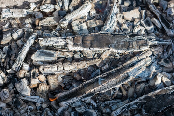 Texture of ashes and embers of a dying fire as a natural background.