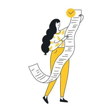 Cute cartoon woman holding a long to-do list or shopping list with a checkmark. Woman planning month, to-do list, and current tasks. Flat line isolated vector illustration