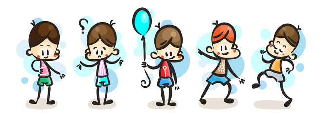 Collection of happy cartoon kids, colored hand drawn doodle outline style