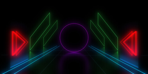 3D abstract background with neon lights. 3d illustration