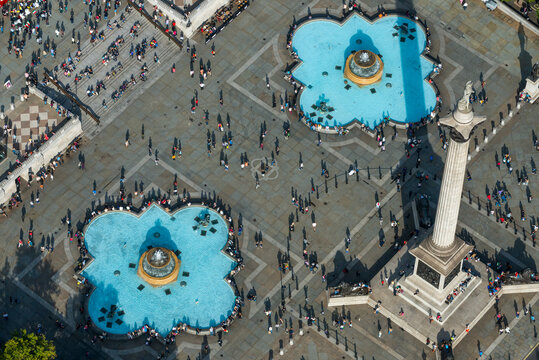 An aerial view of Trafalgar Square in London, England