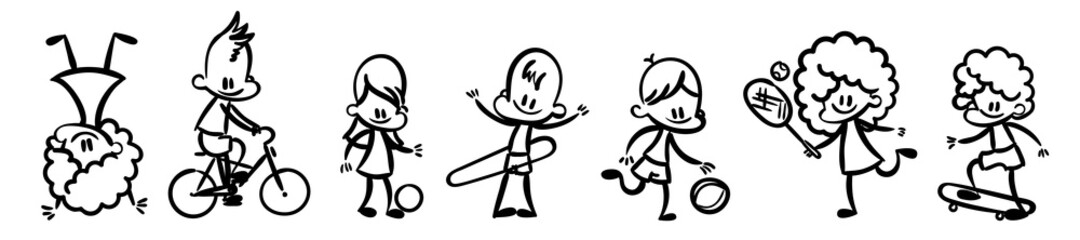 Collection of happy cartoon kids, lined hand drawn doodle outline style