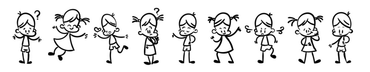 Collection of happy cartoon kids, lined hand drawn doodle outline style