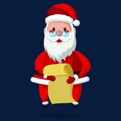 Happy Santa Claus reads a long list. Merry Christmas and Happy New Year 2021! Christmas cute flat character.  Holiday greeting card. Isolated vector illustration.