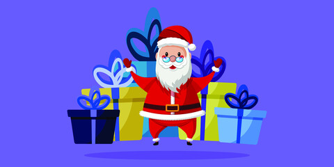 Funny happy Santa Claus character with a bunch of gifst and presents. For Christmas and New Year cards, banners, invitations, tags and labels.