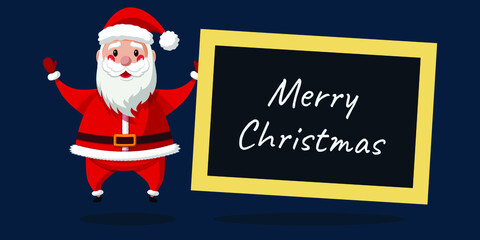 Happy Santa Claus with huge wooden frame. Merry Christmas and Happy New Year 2021! Christmas cute flat character.  Holiday greeting card. Isolated vector illustration.