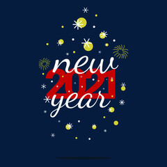 Fototapeta premium Happy New Year 2021 Vector poster and greeting card with hanging red numbers, white text, stars, fireworks and snowflakes Winter holiday invitations with geometric decorations