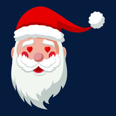 Enamored Santa Claus with hearts in his eyes. Merry Christmas and Happy New Year 2021! Christmas cute flat character.  Holiday greeting card. Isolated vector illustration.