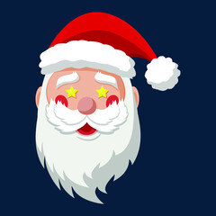 Happy Santa Claus with stars in his eyes. Merry Christmas and Happy New Year 2021! Christmas cute flat character.  Holiday greeting card. Isolated vector illustration.