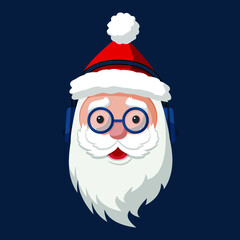 Hipster Santa Claus in fashionable glasses and with headphones. Merry Christmas and Happy New Year 2021! Christmas cute flat character.  Holiday greeting card. Isolated vector illustration.