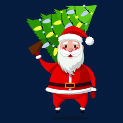 Happy Santa Claus with Christmas tree. Merry Christmas and Happy New Year 2021! Christmas cute flat character.  Holiday greeting card. Isolated vector illustration.