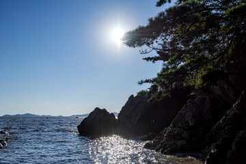 The beautiful landscape of beach background blue sky at sunset.	