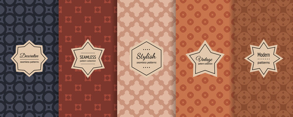 Vector set of vintage seamless pattern. Retro geometric ornament swatches with modern minimal labels. Simple abstract patterns. Stylish background textures collection. Brown, beige, orange, blue color