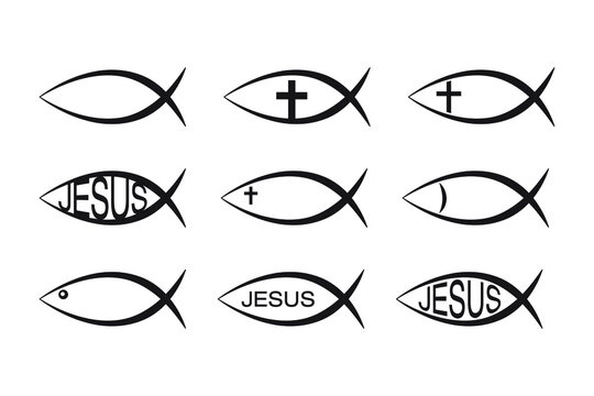 Set of Jesus Fish icons, Christian Ichthys Fish symbol icon