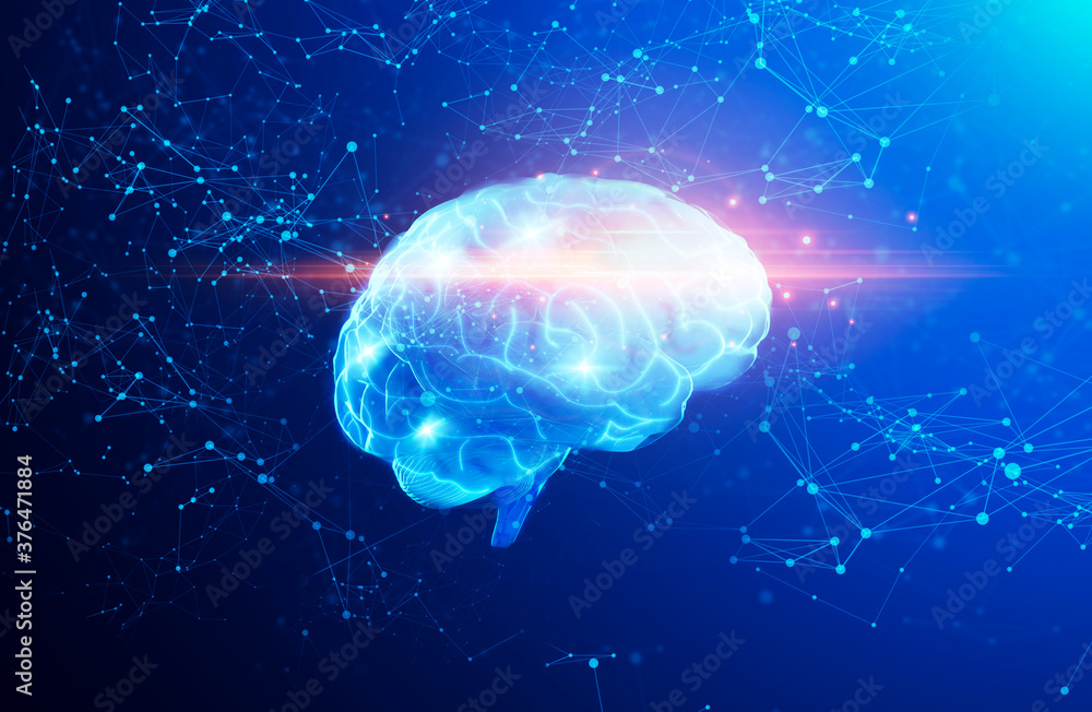 Poster 3d illustration of human brain hologram over abstract background with polygonal connections