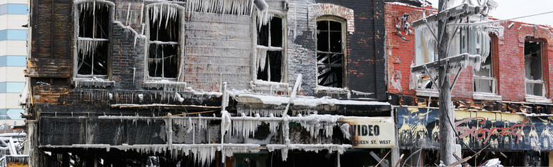 Panorama of burned out Victorian buildings after Queen street west fire on February 20 2008 Toronto...