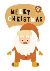 Xmas greeting card in scandinavian style with Santa Claus on white background. Colored vector. Kids illustration for DIY, greeting card, wrapping paper. Lettering Merry Christmas.