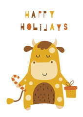 Cute Ox. Greeting card for Happy Chinese new year 2021 with funny bull, candy cane and present. Vector illustration. Lettering Happy holidays.