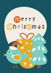 Merry Christmas greeting card in scandinavian style with winter bird, present, tree on blue background. Colored vector. Kids illustration for DIY, greeting card, posters. Lettering Merry Christmas.