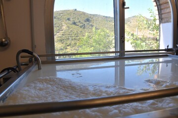 Milk tank with foam next to window with mountain views.