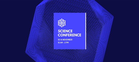 Science conference. Crystal consisting of small particles. Object with dots. Molecular grid. 3d vector illustration for online courses, master class, seminar, presentation, webinar or lecture.