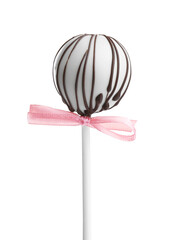 Tasty cake pop with chocolate on white background, closeup