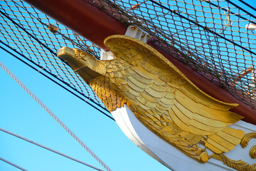 Figurehead of a classic sailing ship, close view from the port side.