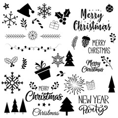 Set of Christmas design doodle elements with Merry Christmas and New Year Lettering