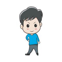 Vector illustration of cute chibi character isolated on white background. Cartoon little boy in blue coat, gray jeans, black boots. Put hand on waist and smilling face. Front view