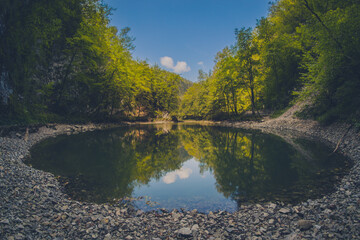 A round small lake called Divje jezero in Slovenia, surrounded with pebbles and still water on a sunny day with blue skies, hiding between thick green forest.