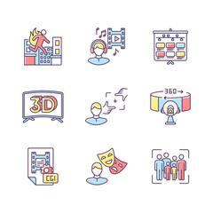 Film making RGB color icons set. Visual development for movie. Special effect for cinematography and animation. Theater actor. 3D television. Stuntman for film. Isolated vector illustrations