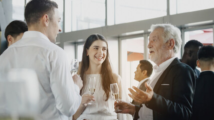 Multi-ethnic people Or businessman Party talk at company event. Celebrate a success workplace. Meeting happy between colleagues. End of quarantine and return to work Business