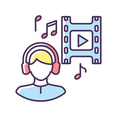 Music supervisor RGB color icon. Producer for audio making. Listen to song in headset. Composer for movie soundtrack. Sound in headphones. Record and melody playing. Isolated vector illustration