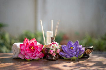Spa massage compress balls, herbal ball on the wooden with treaments spa