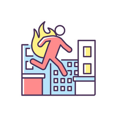 Stuntman RGB color icon. Cinema actor. Movie performer professional. Person run in disaster. Safety during fire hazard. Accident in city. Film production. Isolated vector illustration