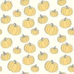 Pumpkins of different sizes on a pale beige background. Vector seamless pattern for wallpaper, wrapping paper, wrapper, packaging, country fair, farm market, food store, shop and printing on textile